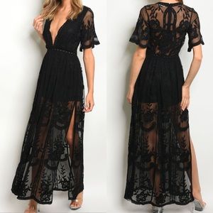 Lacy Crochet Black Embroidered Romper Maxi Dress